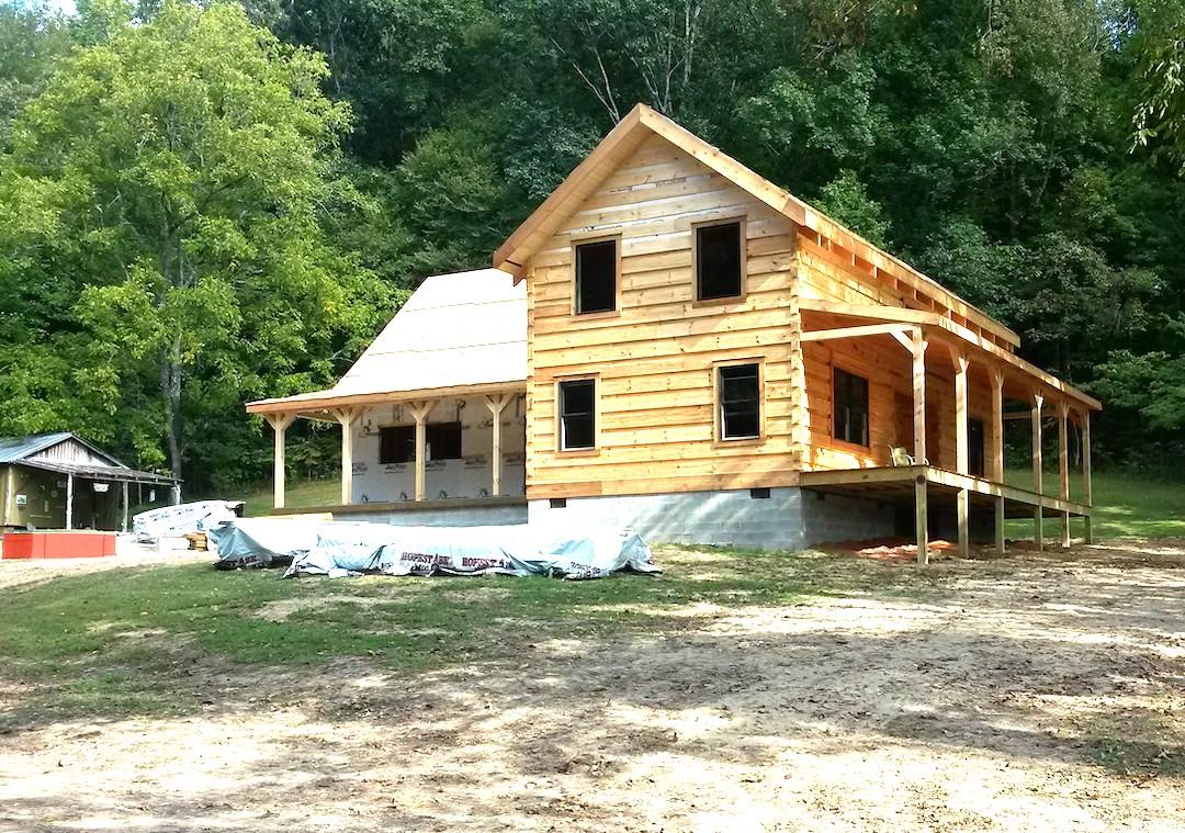 log cabin being built